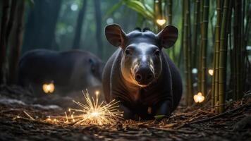 A serene scene featuring a tapir in a forest with sparkling lights. photo