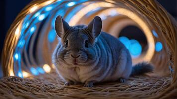 A cute gray chinchilla sitting on a woven surface, surrounded by soft, glowing lights. photo