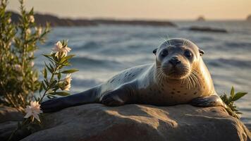 A seal resting on a rock by the ocean, surrounded by flowers and a serene landscape. photo
