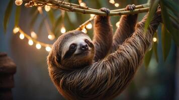 A sloth hanging from a branch adorned with fairy lights in a serene setting. photo