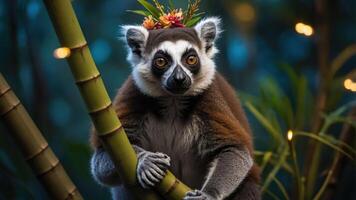 A lemur adorned with a floral crown perched on a bamboo branch in a lush environment. photo
