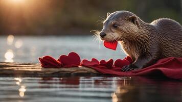 An otter on a log with hearts, evoking a romantic atmosphere by the water. photo
