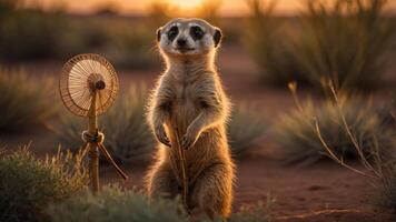 A meerkat stands in a desert landscape, next to a small fan, during sunset. photo