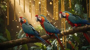 Three vibrant macaws perched on a branch in a lush, illuminated jungle setting. photo