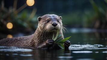 A playful otter holds a leaf while swimming in a serene, natural environment. photo