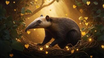 A serene anteater in a heart-adorned nest, illuminated by soft, golden light. photo