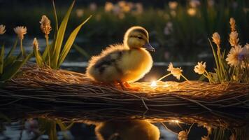 A fluffy duckling resting on a straw raft amidst flowers by a serene water surface. photo