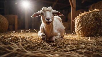 A playful goat lying on straw in a barn, illuminated by soft light. photo