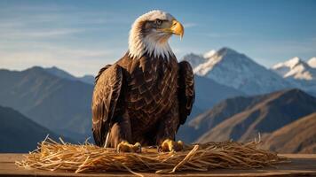 A majestic eagle perched in its nest against a mountainous backdrop. photo