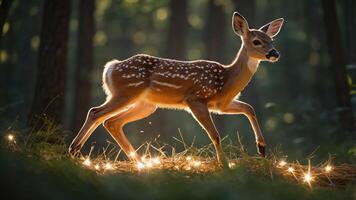 A fawn gracefully walks through a forest, surrounded by soft glowing lights. photo