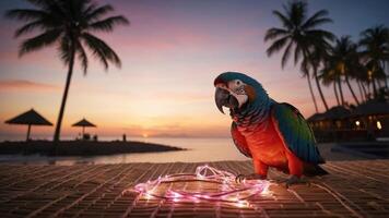 A colorful parrot sits on a table with fairy lights against a sunset beach backdrop. photo