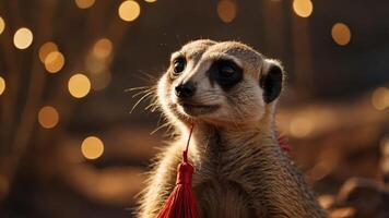 A close-up of a meerkat with a tassel against a blurred, twinkling background. photo