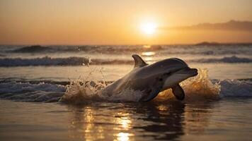 A dolphin leaps from the ocean at sunset, creating splashes in the water. photo