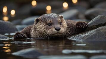 A serene otter resting on rocks in a tranquil water setting with soft candlelight reflections. photo