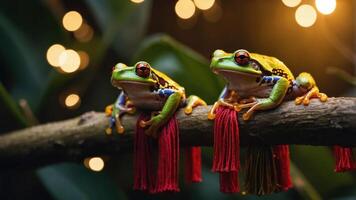 Two colorful frogs perched on a branch, adorned with tassels, against a blurred light backdrop. photo