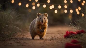 A cute quokka stands on a path illuminated by decorative lights, creating a charming scene. photo