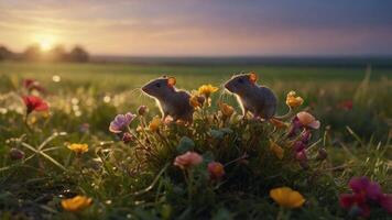 Two mice among colorful flowers at sunset, capturing a serene moment in nature. photo