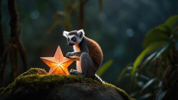 A lemur curiously interacts with a glowing star-shaped object in a lush environment. photo