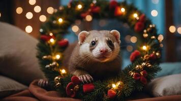 A ferret posed playfully inside a festive wreath adorned with lights and decorations. photo