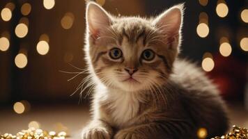 A cute kitten poses amidst soft golden lights, creating a warm and cozy atmosphere. photo