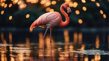 A graceful flamingo stands in water, surrounded by soft, glowing lights. photo