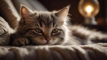 A close-up of a relaxed cat resting on a blanket with soft lighting in the background. photo