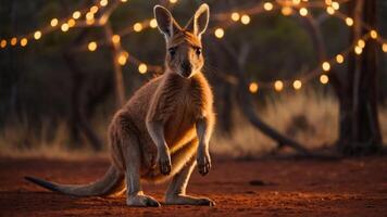 A kangaroo stands on red earth, illuminated by soft glowing lights in the background. photo