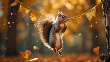 A playful squirrel jumps amidst autumn leaves and festive bunting in a vibrant forest setting. photo