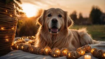 A golden retriever surrounded by decorative lights during sunset in a serene outdoor setting. photo
