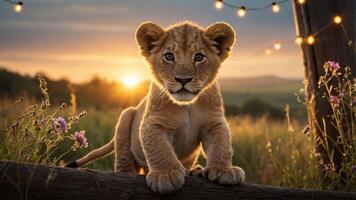 A playful lion cub in a serene sunset setting surrounded by flowers and soft lights. photo