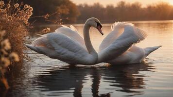 A graceful swan gliding on a serene lake during sunset, showcasing nature's beauty. photo