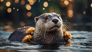 A playful otter adorned with flowers swims in a serene water setting, creating a whimsical scene. photo