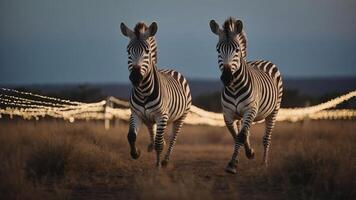 Two zebras running along a path illuminated by string lights at dusk. photo