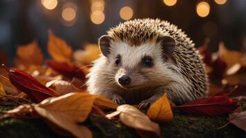 A hedgehog resting among colorful autumn leaves with a blurred background of warm lights. photo