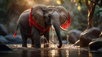 An elephant adorned with decorative fabric stands in a serene water setting, creating a magical scene. photo