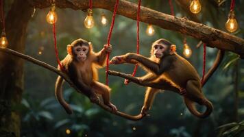 Two monkeys playfully hanging on branches adorned with glowing lights in a lush jungle setting. photo