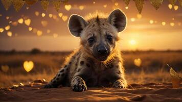 A cute hyena cub resting on a blanket with a sunset and heart decorations in the background. photo
