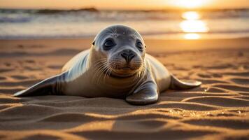A seal resting on a sandy beach during sunset, capturing a serene moment in nature. photo
