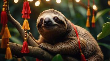 A sloth resting on a tree branch adorned with colorful tassels in a vibrant environment. photo