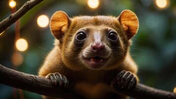 A close-up of a cute animal with large eyes perched on a branch surrounded by soft lights. photo