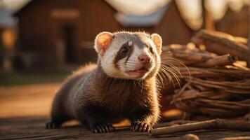 A close-up of a curious ferret in a natural setting, illuminated by warm sunlight. photo