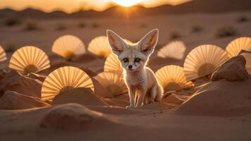 A fennec fox in a desert landscape with illuminated fans in the background at sunset. photo