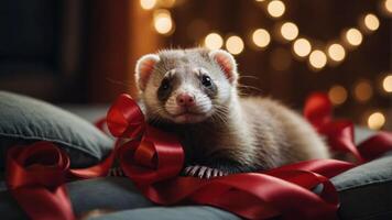 A playful ferret resting on cushions, adorned with red ribbons, set against a festive backdrop. photo