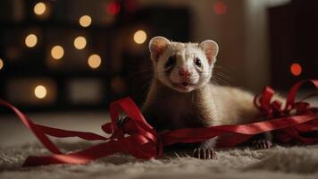 A playful ferret surrounded by festive red ribbons and soft lighting. photo