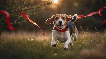 A joyful beagle running in a field, wearing a red ribbon, capturing a moment of happiness. photo