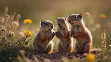 Three playful squirrels interacting in a sunny field with flowers. photo
