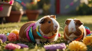 Two guinea pigs adorned with colorful decorations in a festive garden setting. photo