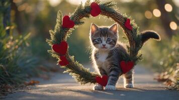 A playful kitten walks through a heart-adorned wreath in a sunlit outdoor setting. photo