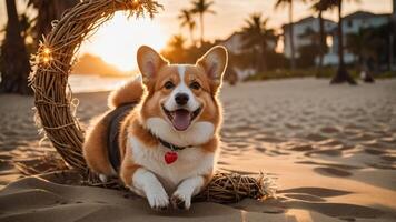 A happy corgi lying on the beach during sunset, surrounded by palm trees. photo
