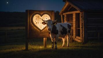 A cow stands beside a heart-shaped illuminated sign near a wooden cabin at dusk. photo